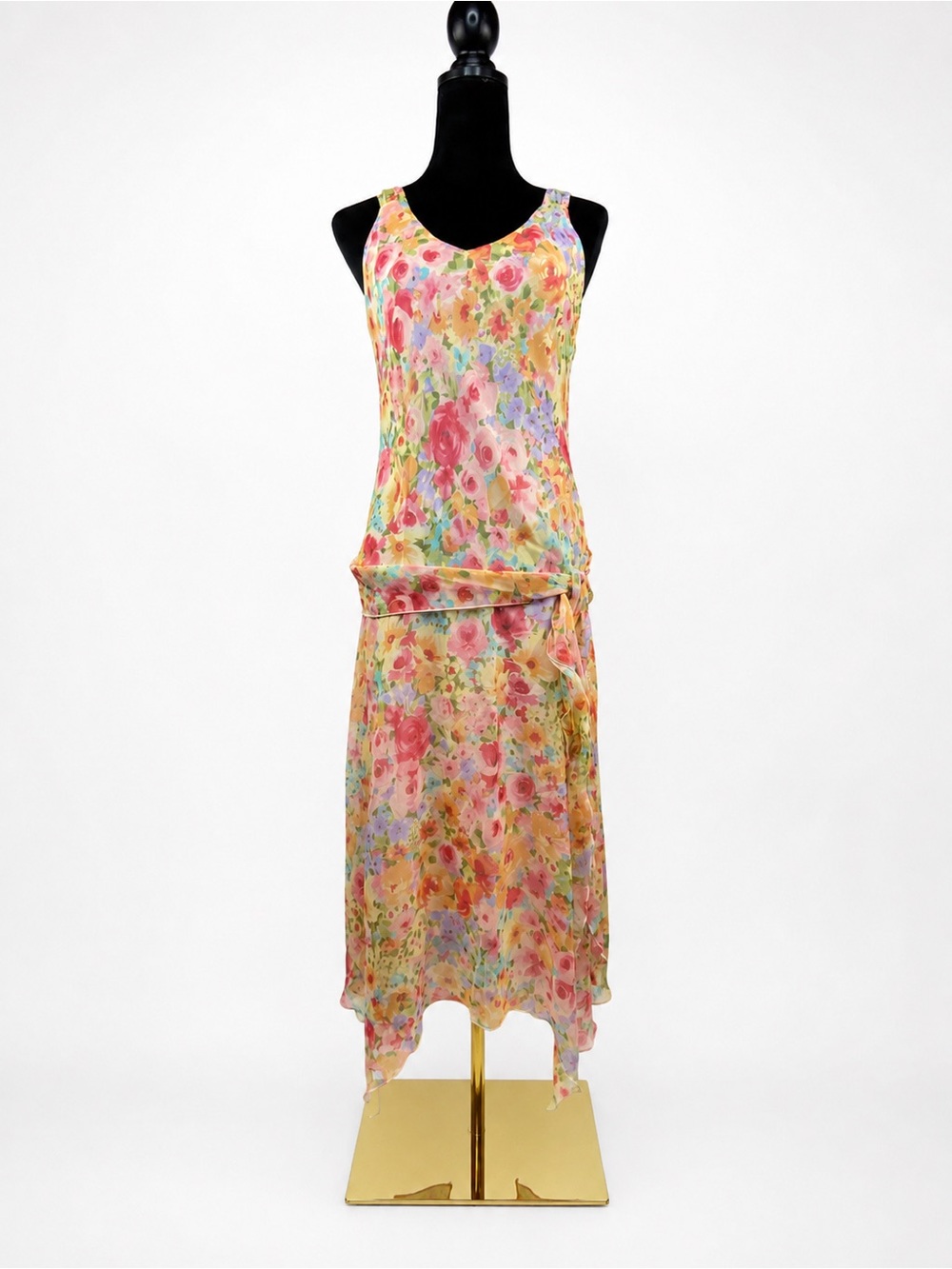 Vintage Y2K Ronnie Nicole Watercolor Floral Handkerchief Midi Dress Size 8